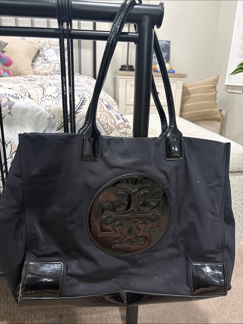 Tory Burch Black Nylon Tote with Patent Trim and Logo